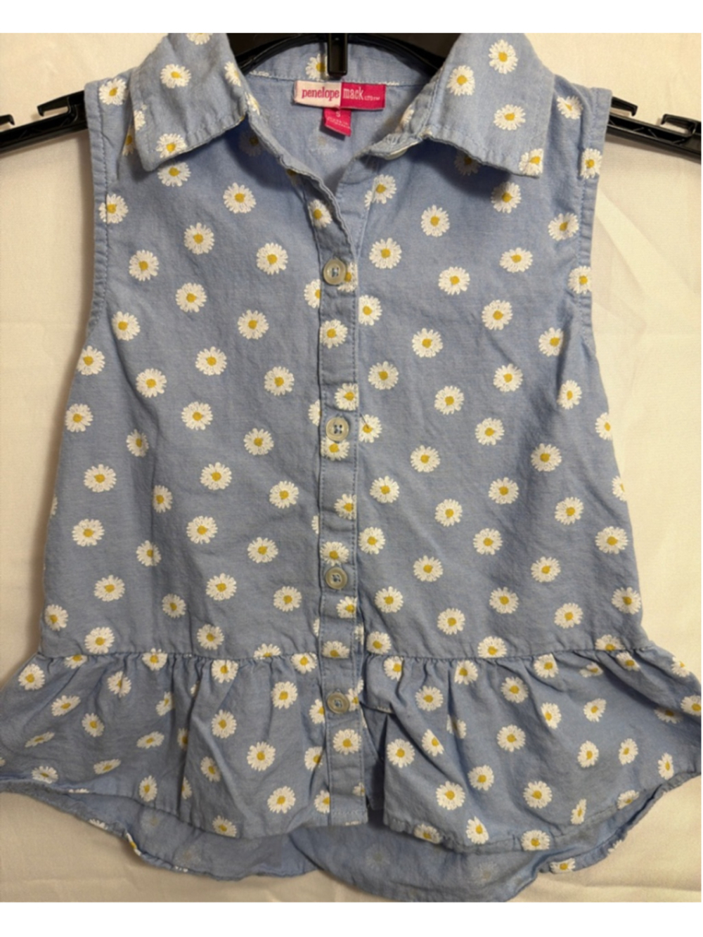 Girls Penelope Mack Sleeveless Button Front Top Daisy Ruffle Chambray Size 5